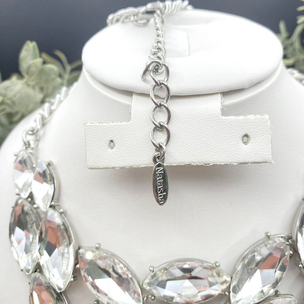 Natasha Crystal Bib Statement Necklace Silver Tone - Picture 7 of 7